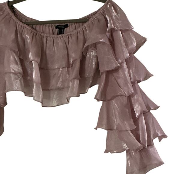 Forever 21 Dusty Rose Chiffon Ruffle Off Shoulder Crop Top Blouse Medium - Picture 4 of 9